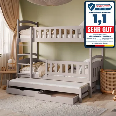 Produktbild von Hochbett 90x200 Etagenbett Kinderbett Jugendbett Stockbett 3 Kinder, mit zwei Schubladen, Kinder Bett umbaubar in 3 Einzelbetten von 4. bis 16. Lebensjahr | inkl. Lattenrosten & 3 Matratzen | kaschmir