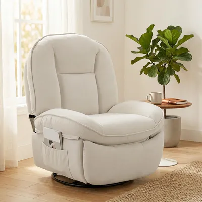 Produktbild von Relaxsessel, Drehbarer Schaukel- und Liegestuhl mit Tiefer Sitzfläche, Dickem Rückenpolster, Einfacher Montage, Creme, Cremeweiß