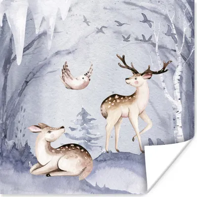 Produktbild von MuchoWow® Poster Winter - Vogel - Hirsch 50x50 cm - Wohnzimmerdekoration