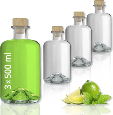 Produktbild von 3 Glasflaschen 500 ml leer zum selbst Befüllen mit Korken Apothekerflasche Essig Öl leere Flasche Schnapsflaschen Likörflaschen