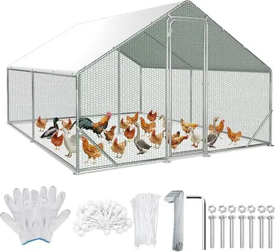 Obrázek produktu pro Kurník s voliérou, rozměry 3x4x2 metry. Ohrada pro slepice, vyrobená z pozinkované oceli. Slepíčí dům s dveřmi a závorou. Chovatelská stanice pro slepice, králíky, husy, holuby a křepelky. Kovová ohrada s pletivem