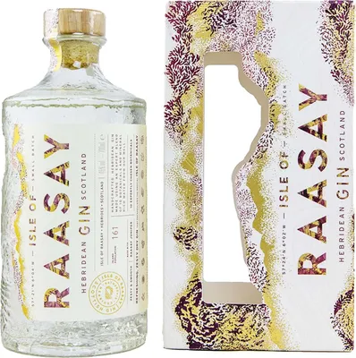 A bottle of Raasay Hebridean Gin and its accompanying gift box are displayed side-by-side against a white background.