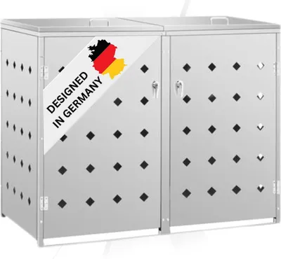Produktbild von DELUKE® 2er Mülltonnenbox SOGI Edelstahl | 138x115x77,5cm silber | Mülltonnenverkleidung für 2 Tonnen 240L Müllbox aus Metall Mülltonnenschutz Mülltonnendach