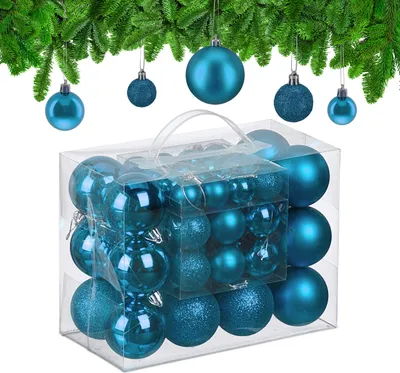 Produktbild von Relaxdays Weihnachtskugeln im 50er Set, Kunststoff, glitzernde, matte, glänzende Baumkugeln, Christbaumschmuck, petrol