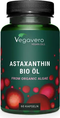 A product shot of a bottle of Vegavero Astaxanthin Bio Öl.