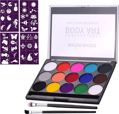 Produktbild von Professionelle Körperkunst Gesichtsbemalung auf Wasserbasis Abnehmbare Körperfarben 15-Farben-Palette mit 2 Pinseln und 4 Vorlagen Aquarellfarben für Halloween Make-up Party Supplie