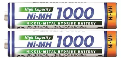 Two Panasonic Ni-MH AAA batteries are shown side-by-side against a white background.