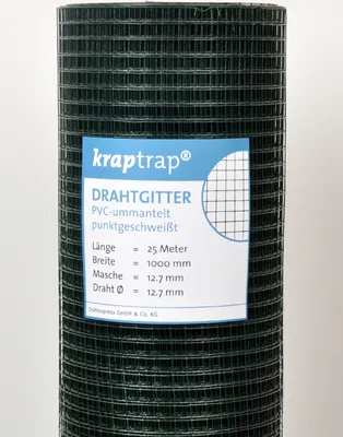 A roll of green wire mesh fencing with a label attached.