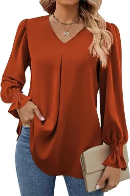 Produktbild von ASKSA Damen Bluse V-Ausschnitt Chiffon Plissee Laternenaermel Langarm Elegant Einfarbig Casual Locker Oberteile (Karamell,XXL)