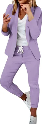 Produktbild von ASKSA Damen Lange aermel Hosenanzug Elegant Business Anzug Slim Fit Revers Set Einfarbig Streetwear Freizeitanzug, Lila, Groesse: M