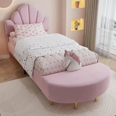 Productafbeelding van Polsterbed 90x200, roze fluweel, met bedbank. Enkelbed, kinderbed met zachte hoofdbord en antiekollisie-rand. Stabiel jeugdbed, zonder matras