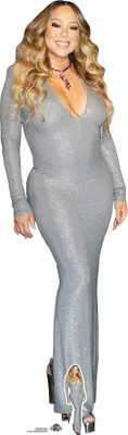 A full-body cardboard cutout of Mariah Carey in a silver dress.