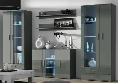Produktbild von Furniture24 Wohnwand SOHO 10 mit Blauer LED Beleuchtung, Anbauwand, Wohnzimmerschrank, Schrankwand, Vitrine, Lowboard, Hängeregal Grau/Grau Hochglanz