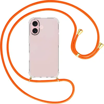 Produktbild von Handykette Backcover-Schutzhülle mit Band (Metall goldfarben) für iPhone 16 - neonorange