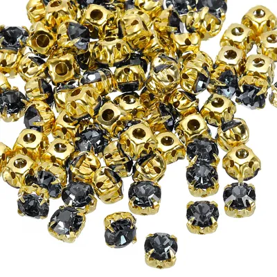 Image de Strass à coudre avec monture à griffes de 6 mm - 100 pièces de pierres précieuses en verre avec base métallique plate - Pour la couture sur vêtements, chaussures et accessoires - Noir