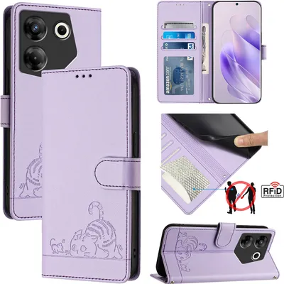 Produktbild von Leder Hülle für Tecno Camon 20 Pro 5G Süße Katze Flip Case Brieftasche Schutzhülle mit Standfunktion Lila