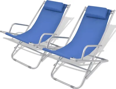 Produktbild von 2er Set Klappbare Gartenliegestühle aus Stahl, Blau, gepolsterte Kopfstütze, 69x61x94 cm (B x T x H)