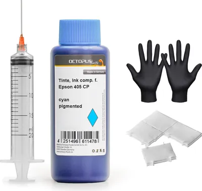 Produktbild von Nachfülltinte für Epson 405 Tintenpatronen, WF-3820, WF-4820, WF-7830 cyan pigmentiert 100 ml mit Spritze