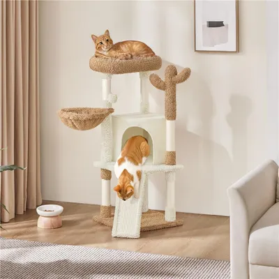 Two cats playing on a multi-level cat tree with a cactus-shaped scratching post.