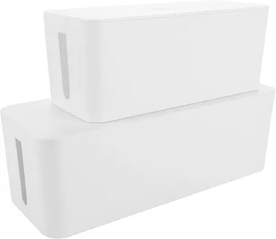 Produktbild von PolkaHome® Set von 2 Kabelboxen, groß und klein, Kabelmanagementbox, Kabelaufbewahrung, Kabel-Organizer, weiß, Kunststoff, mit Deckel