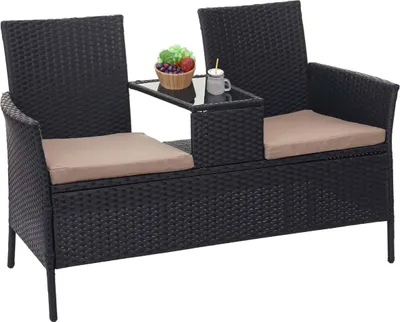 Produktbild von Polyratanová lavice se stolem HWC-E24, zahradní lavice Sedací souprava Zahradní pohovka, 132 cm  černá, polštáře krémové