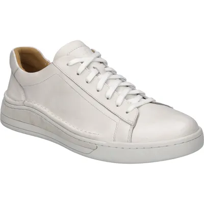 A white leather sneaker is shown from a side-angle against a white background.