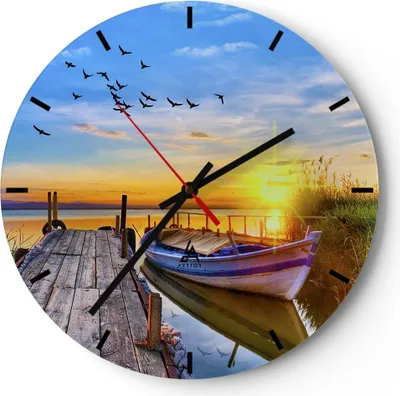 Produktbild von Wanduhr - Rund - Glasuhr - See Boot Wasser - 30x30cm - Schleichendes Uhrwerk - Lautlos - zum Aufhängen bereit - Dekoration Modern - Wanddekoration aus Glas - C3AR30x30-3983