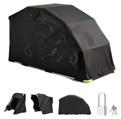 Productafbeelding van VEVOR motorfiets tentgarage, motorfiets afdekzeil 2790x1095x1600 mm, motorfietsgarage met veiligheidsslot, 600D Oxford vouwtent, all-weather motorfietsbescherming met ventilatieopeningen, zwart