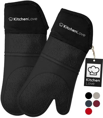 Image de Gants de four en silicone Unyqoos® KitchenLove, lot de 2, résistants à la chaleur jusqu'à 350 °C, s EN407, manches longues, en coton, silicone et polyester, couleur noire