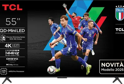 A marketing image for a TCL television featuring soccer players and product specifications.