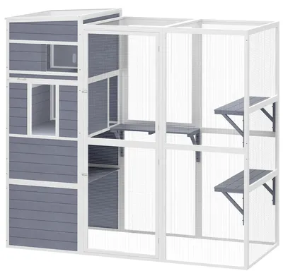 Produktbild von Katzengehege Outdoor Katzenhaus aus Holz mit 3 Plattformen wetterfest Dach Ruhebereich für 3-4 Katze bis 10 kg Grau