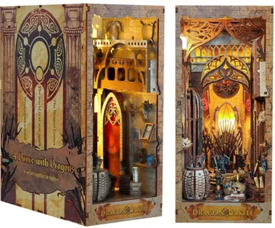 Produktbild von Habarri | DIY Book Nook - Die Burg des Drachen - Puzzle 3D - Miniatur Haus Kit mit Möbeln und LED-Licht - Buch Ecke Kit