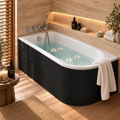 Produktbild von AQUA for you | Badewanne - Besco Jollin - asymmetrische Eckbadewanne - 160x75 cm - links - Schwarz matt - mit Acrylschürze, Badewannenverkleidung