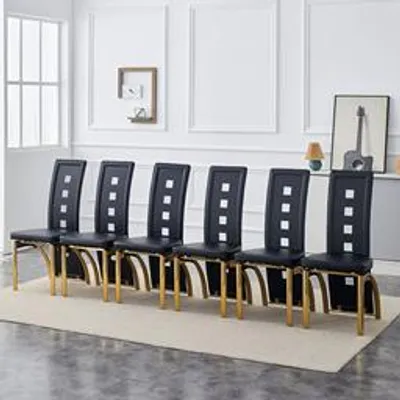 Productafbeelding van Eetkamerstoel, set van 6, met open structuur, kunstleer (PU), metalen poten, 102,5 cm (zwart + goud)