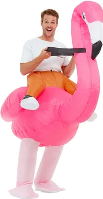 A man wearing an inflatable flamingo costume.
