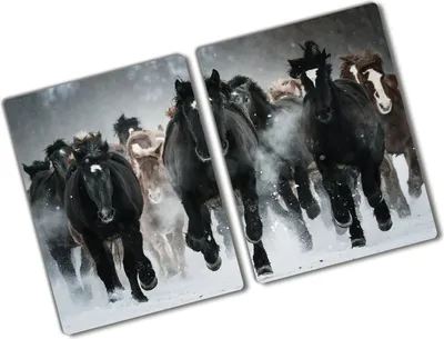 Produktbild von Tulup Glas Herdabdeckplatte - 2x40x52 cm - Glaskeramikkochfeld-Abdeckung Spritzschutz Glasabdeckplatte Kochplattenabdeckung und Schneidebrett - Zweiteilig - Tiere - Pferde im Galopp - Schwarz