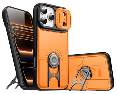 Obrázek produktu pro Pouzdro pro iPhone 18 Pro Max, Posuvným krytem fotoaparátu a kroužkovým stojánkem, nárazuvzdorné ochranné pouzdro Oranžová