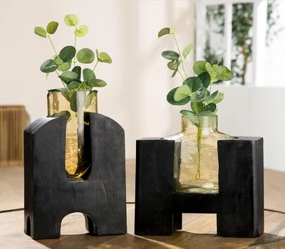 Productafbeelding van Gilde vaas, "Madero", glas, mangohout, zwart, verpakking met 2 stuks, lengte 9 cm, breedte 17 cm, hoogte 28 cm. Artikelnummer: 52637, EAN: 4063387526378