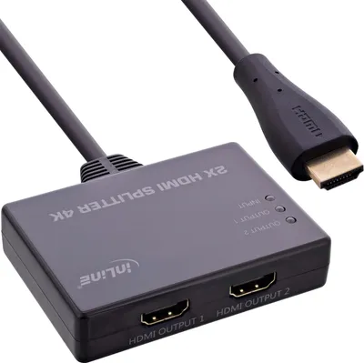 Produktbild von InLine HDMI Splitter/Verteiler, 2-fach, 4K/60Hz, mit integriertem Kabel, HDMI, 2x HDMI, Schwarz, 3840 x 2160 Pixel, 4K Ultra HD, 12 Bit