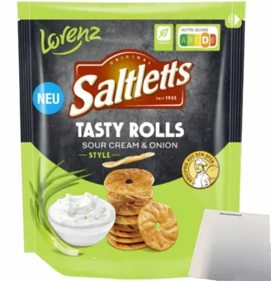 Produktbild von Lorenz Saltletts Tasty Rolls Sour Cream & Onion (130g Packung) + usy Block