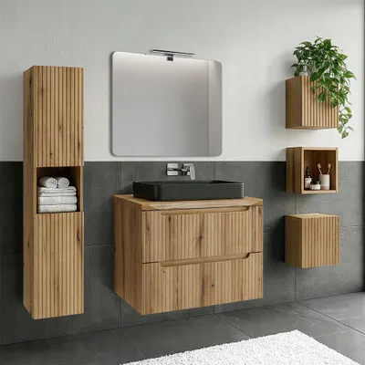 Produktbild von Badmöbel-Set 6-teilig mit LED-Spiegel & 80 cm Waschtisch in Eiche, gerillte Front, Baumkantenoptik - NEWPORT-56-EVOKE