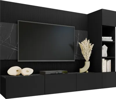 Produktbild von MIRJAN24 Wohnwand Deromi II, Wohnzimmer Möbel Set, Griffloses Öffnungssystem push to open, 3er-Set (Farbe: Schwarz / Schwarz + Schwarz Marmor)
