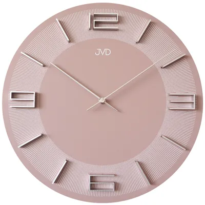 A close-up studio shot of a pink wall clock with silver accents.