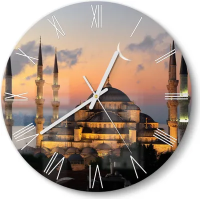 Produktbild von DEQORI Glasuhr Ø30 cm Römisch 'Mondsichel über Moschee' Wanduhr Glas Uhr Design leise