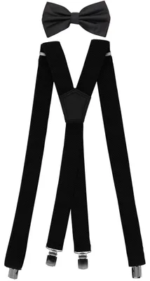 Produktbild von Fabio Farini - 1 Stück Herren Hosenträger Pack 3cm X-Form mit passender Fliege Set Schwarz 3cm Hosenträger - Schwarz Unifarben Struktur Fliege