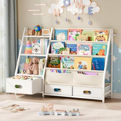 Productafbeelding van Unyqoos® Kinderboekenrek – 3 niveaus met 3 lades, open metalen plank voor een georganiseerde kinderkamer, afgeronde hoeken, eenvoudige montage