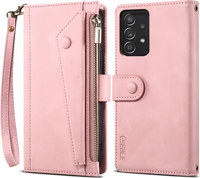 Produktbild von Schutzhülle für Samsung Galaxy A73 5G Reißverschluss Hülle, Leder Klapphülle Kartenfach Standfunktion Brieftasche mit Trageband Rosa
