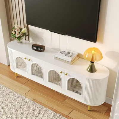 Image de MODFU Meuble TV en Bois avec Portes en Verre, Rangement Organisé et Finitions Dorées, Moderne 170x35x55 cm, Blanc et Or
