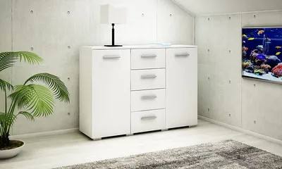 Produktbild von MATKAM Kommode Helena B120 x H84,5 x T35 cm, Sideboard mit 4 Schubladen und 2 Fächer mit Türen, ideal für Büro, Diele, Wohnzimmer (Weiß)