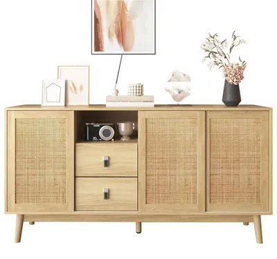Image de Commode/Buffet de 155 cm avec 3 portes en rotin et 2 tiroirs, finition bois